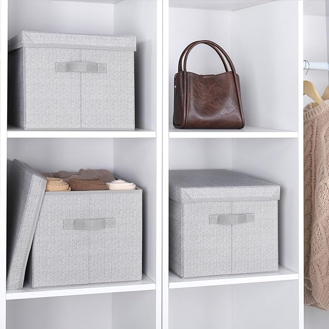 WUIKE 3 Pack Extra Large Foldable Storage Bins with Lids, Fabric Storage Bins for Home and Closet Organization, Herringbone Gray-Ruum Studio Home