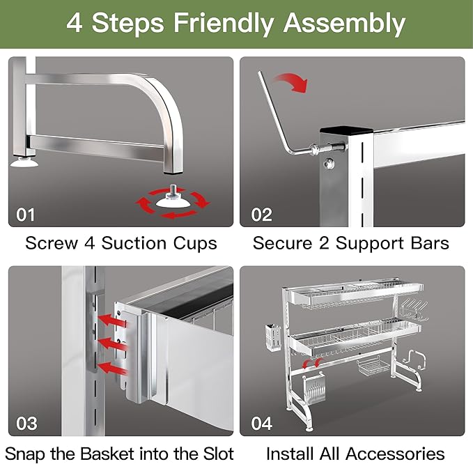 3 Tier Extra Large Stainless Steel Expandable Over The Sink Dish Drainer Drying Rack, Rust Proof Metal, Space Saving, Modern Silver Big Capacity Extendable Plate Strainers Above Kitchen Counter-Ruum Studio Home