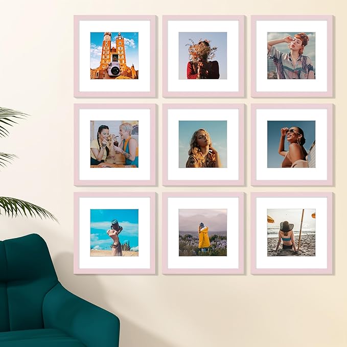 Vittanly 12x12 Picture Frame Set of 9 - Display 8x8 Photos with Mat or 12x12 Without Mat, Wall Mount Frames for Home Decor, Horizontal or Vertical (Pink)-Ruum Studio Home