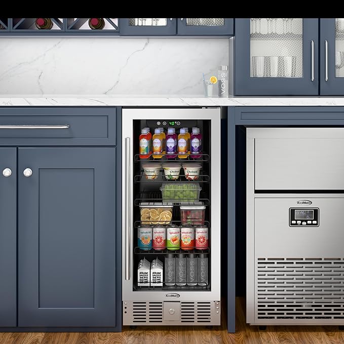 KoolMore 15” Inch Small Built-In Refrigerator and Beverage Cooler for Soda Cans, Beer Cans, Food and Fresh Snacks, 5 Wire Shelves, Adjustable Temperature Range (KM-BIR3C-GD), Stainless Steel-Ruum Studio Home