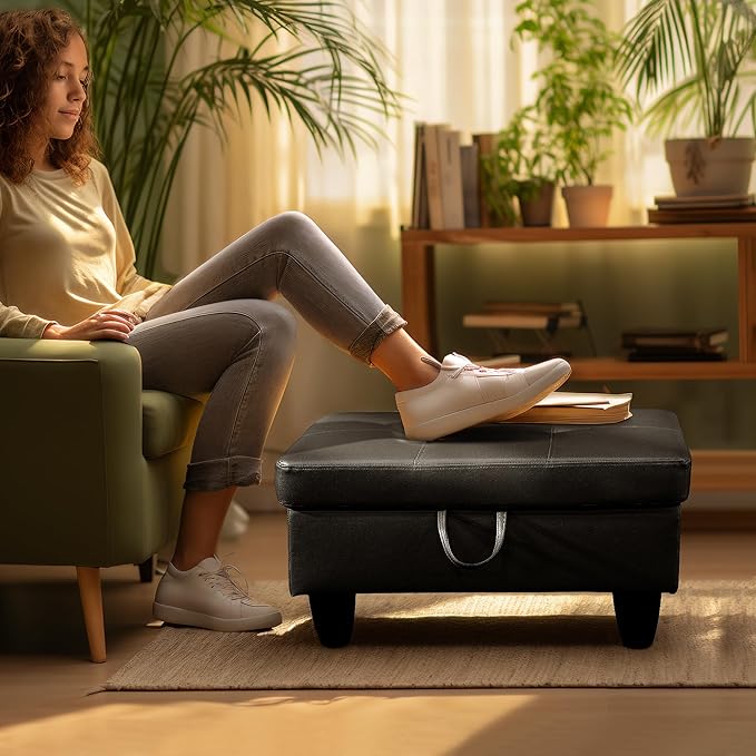 Ottoman Rectangular Storage Ottoman Bench, Faux Leather Footrest, Coffee Table, Stool Footstool with Hinged Lid for Living Room, Bedroom, Entryway, Black, 28.5"x19"x17.5"-Ruum Studio Home