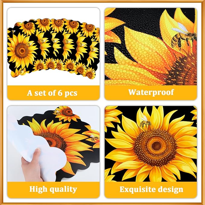 Sunflower Placemats Set of 6 Summer Plastic Table Mats Summer Floral Place Mats Washable Vinyl Seasonal Spring Sunflower Table Decoration for Indoor Outdoor Party Kitchen Dining-Ruum Studio Home
