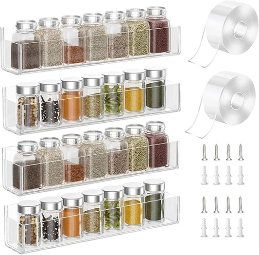 PMMASTO Adhesive Acrylic Spice Rack Organizer for Wall with 2 Nano Double Sided Tape, Spice Shelf Organization for Kitchen Cabinet Door/Pantry Door, Wall Mount Seasoning Rack (Clear-4 Pack)-Ruum Studio Home