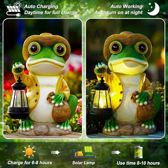 Large Frog Garden Statue, 13.3 Inches Tall, Resin Frog Decor with Solar Lantern for Outdoor Decoration and Housewarming-Ruum Studio Home