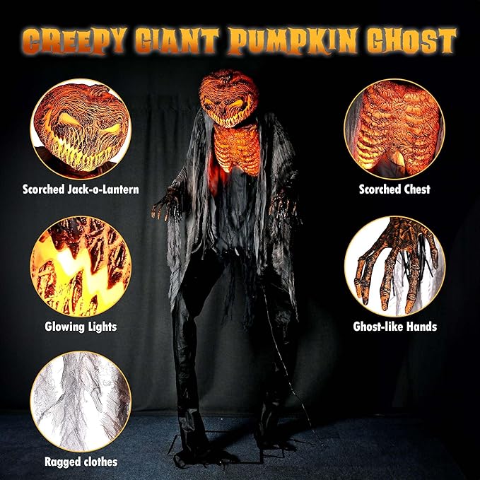 AW 7 Ft Scary Giant Large Animated Halloween Decorations Evil Monster Alien, Jack-O-Lantern Pumpkin Props, Horror Halloween Party Motion & Sound Activated Glowing Head 2025-Ruum Studio Home