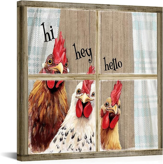 Visual Art Decor Rooster Decor Funny Chicken Picture Wall Decor Rustic Farmhouse Window Painting Framed 24x24 inch, Rustic Country Front Door Welcome Sign-Ruum Studio Home