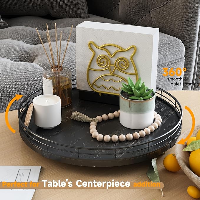12" Oak Bathroom Vanity Tray Turntable for Perfume Candle, Round Wooden Decorative Tray for Kitchen Sink Countertop Organizer, Bathroom Counter Organizer for Skincare Makeup, Farmhouse Black Gold-Ruum Studio Home