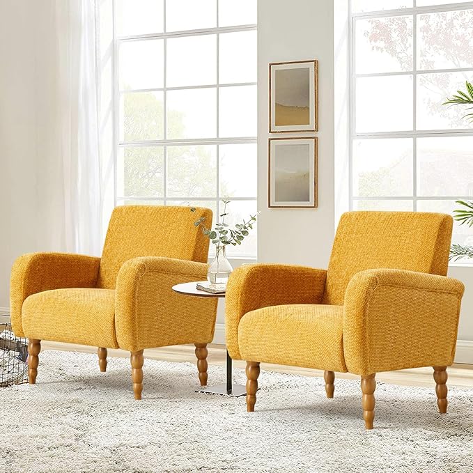 Chenille Fabric Accent Chair, Upholstered Armchair with Solid Wood Legs, Modern Living Room Accent Chair, Comfy Single Sofa Chair Reading Club Chair for Bedroom Reception Lounge, Yellow-Ruum Studio Home