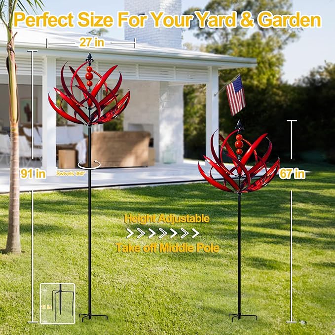 LimeHill Wind Spinner for Garden and Yard - Large Metal Kinetic Wind Sculptures for Outdoor Decor (91 Inches, Burgundy Lotus)-Ruum Studio Home