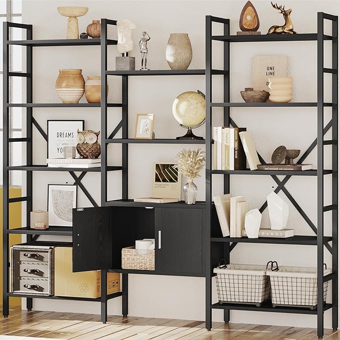 70 x70 Triple 5 Tier Book Shelf, Industrial Large Bookcase with Storage Cabinet, Tall Bookshelf with 14 Open Display Shelves Metal Frame Furniture for Living Room Bedroom Home Office Black-Ruum Studio Home
