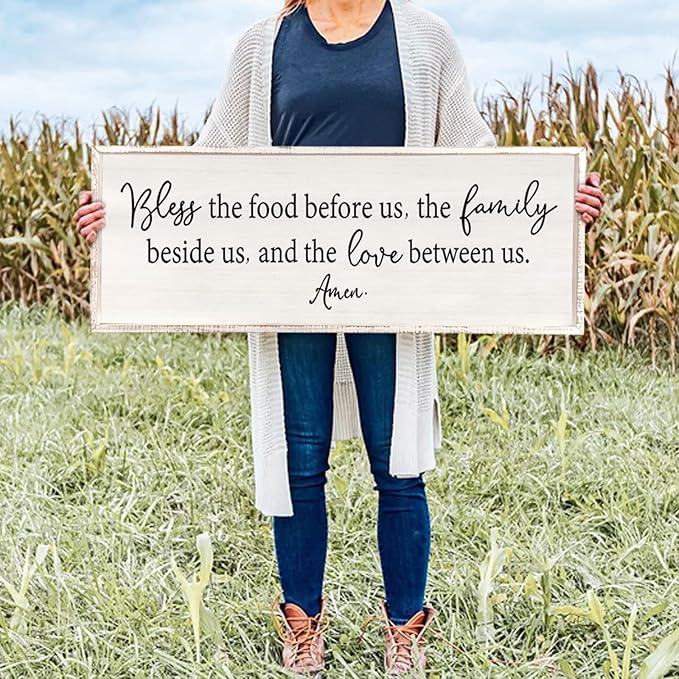 Bless the Food Before Us Sign Wall Decor 40"X15" Large Farmhouse Dining Room Wall Decor Framed Wood Rustic Home Wall Art Kitchen Decoration (White)-Ruum Studio Home