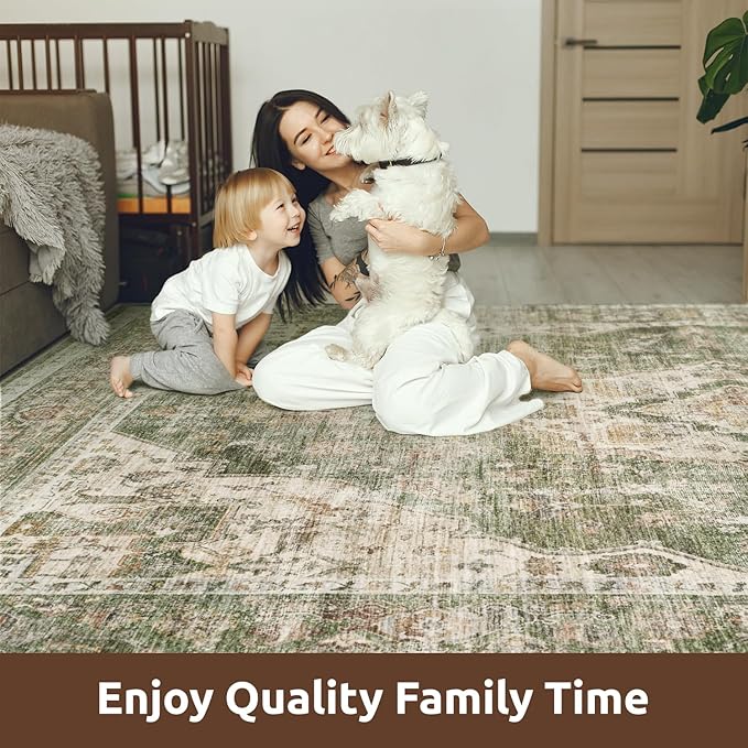 AMOAMI Vintage Soft Green Area Rug - 9x12, Non-Slip, Washable for Living Room, Bedroom, Dining Room, Office-Ruum Studio Home