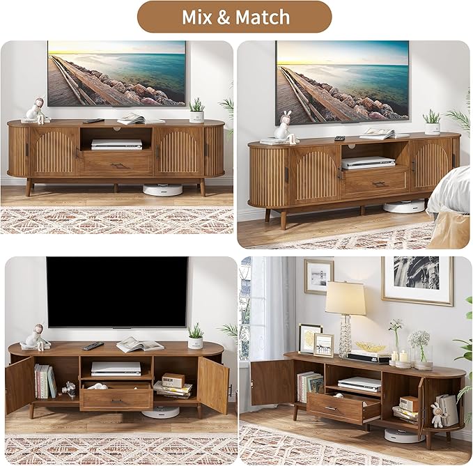 70" Fluted TV Stand for Tvs up to 80", Mid-Century Modern Entertainment Center with Drawers and Fluted Doors, Curved TV Media Console Table with Sliding Doors for Living Room, Bedroom (70")-Ruum Studio Home