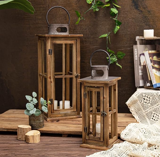 TIMRIS Large Farmhouse Wooden Metal Lantern Set of 2, Rustic Decorative Floor Candle Lanterns, Vintage Distressed Hanging Lanterns for Home Décor (No Glass)-Ruum Studio Home