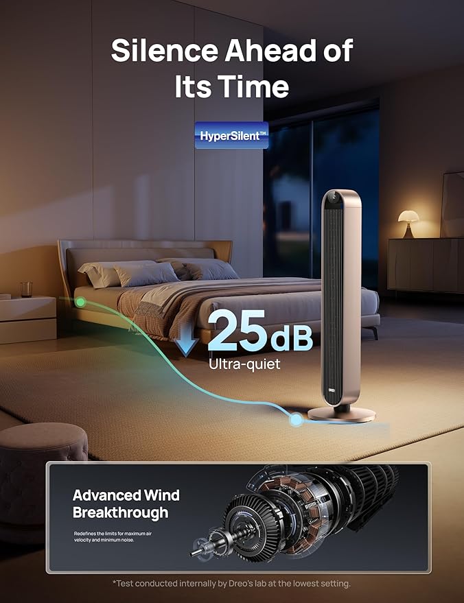 Dreo Smart Tower Fan Voice Control, 120° Oscillating Fan Works with Alexa/Google/App/Remote, 42 Inch, 25dB Quiet DC Bladeless Fan for Bedroom,12 Speeds, Floor Fan for Home, Office, Pilot Max S-Ruum Studio Home
