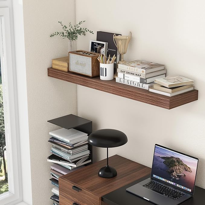 12 Inch Deep Floating Shelves, 48W x 12D Rustic Large Floating Shelves, Deep Walnut Wood Wall Shelves Set of 1 for Living Room Bathroom Laundry Room Bedroom Kitchen Home Office - Walnut-Ruum Studio Home