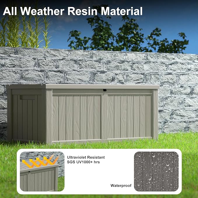 120 Gallon Deck Box,Resin Outdoor Storage Box with Lockable for Patio Furniture, Pool Accessories, Garden Tools Waterproof Outside Storage Box, Grey-Ruum Studio Home