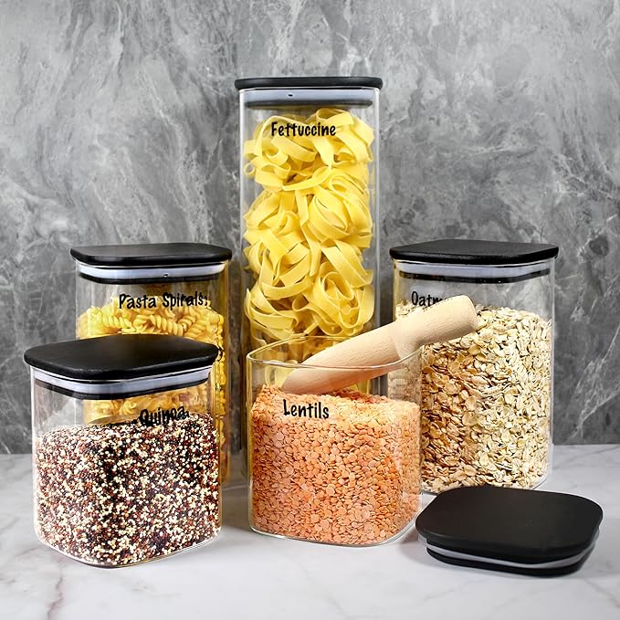 Urban Green Glass Jars with Black Bamboo Lids, food storage sets with airtight black lids, Glass Canisters Sets, Kitchen Organizing Jars (5 Sets of 27oz, 38oz, 66oz)-Ruum Studio Home