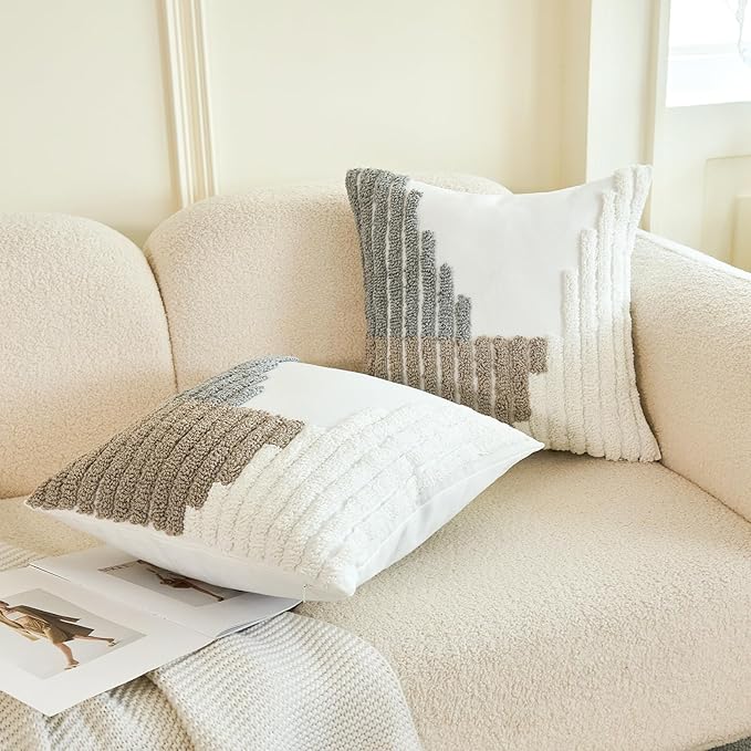 HOdo Home 18x18 Throw Pillow Covers, 2PCS Tufted Boho Jacquard Pillow Covers,Farmhouse Decorative Pillow Cover,Pillow Cases for Couch Sofa Bed Stylish Decor, Simple Textured Cushion Sham-Ruum Studio Home