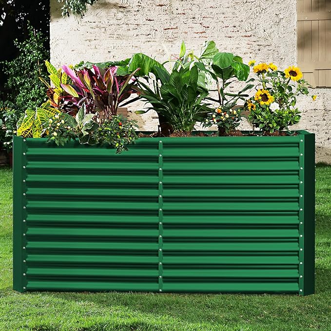 Land Guard 8x4x3ft Rectangular Galvanized Raised Garden Beds, Large-Capacity Metal Planter Box Outdoor, Durable Deep Raised Garden Bed 3ft Tall, Raised Beds for Gardening Vegetables, Forest Green-Ruum Studio Home