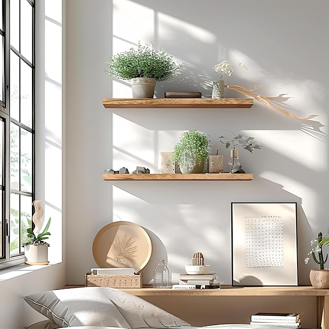 24 Inch Floating Shelves for Wall Rustic Light Wood Wall Shelves for Bedroom Set of 4-Ruum Studio Home