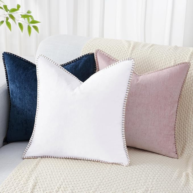 decorUhome Chenille Soft Throw Pillow Covers 12x20 Set of 2, Lumbar Velvet Farmhouse Neutral Decorative Euro Pillow Covers with Stitched Edge for Couch Sofa Bed Home Decor, White-Ruum Studio Home