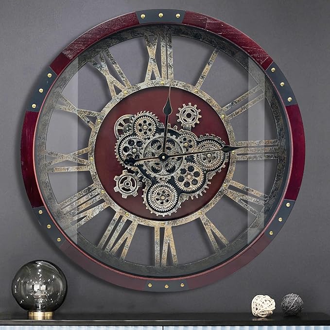 DORBOKER 30" Original Moving Gears Wall Clock, Large Industrial Wall Clock for Living Room Decor, Retro Wood Vintage Farmhouse Steampunk Rustic Clocks for Wall Decor,Cherry Red-Ruum Studio Home