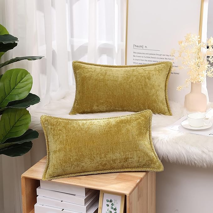 decorUhome Chenille Soft Throw Pillow Covers 12x20 Set of 2, Lumbar Velvet Farmhouse Neutral Decorative Euro Pillow Covers with Stitched Edge for Couch Sofa Bed Home Decor, Mineral Yellow-Ruum Studio Home