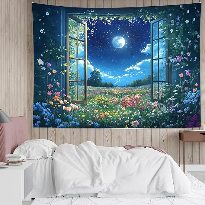 LB Wildflower Moon Tapestry, Green Plant Outside Window and Colorful Floral Wall Tapestry for Bedroom, Garden Wall Art for Living Room Dorm Home Decor Ready to Hanging, 80 x 60 Inches-Ruum Studio Home