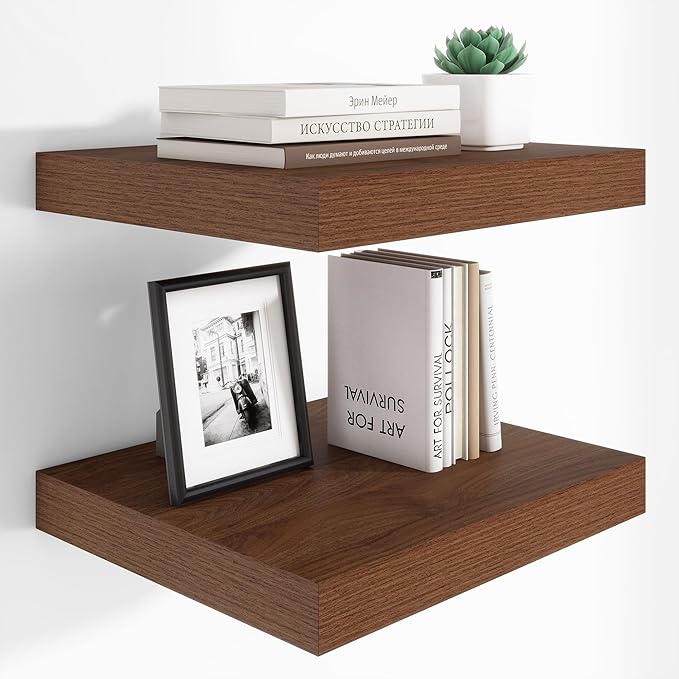 Heimlove 12 Inch Deep Floating Shelves, 16 x 12 inches Long Wall Shelf, Large Extra Display Shelf & Storage Shelf, Rustic Wood Wall Shelves for Fireplace Mantel, Walnut - 2Pack-Ruum Studio Home