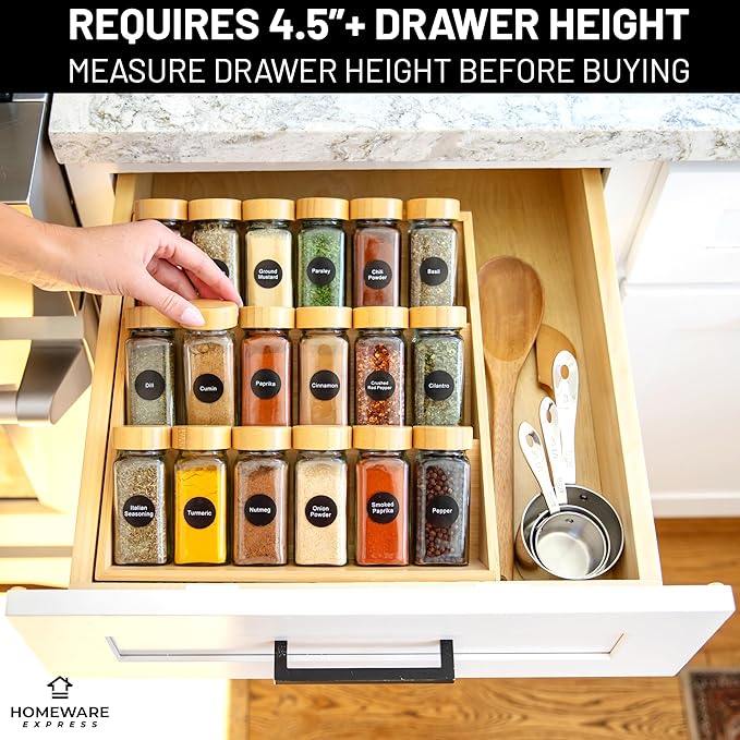 Extra Sturdy 3-Tier Bamboo Spice Rack – 12" W x 10" D x 13" H – Foldable Non-Slip Wooden Spice Organizer for Countertop, Cabinet & Drawer – Includes Labels, Funnel & Hooks – Spice Jars NOT Included-Ruum Studio Home