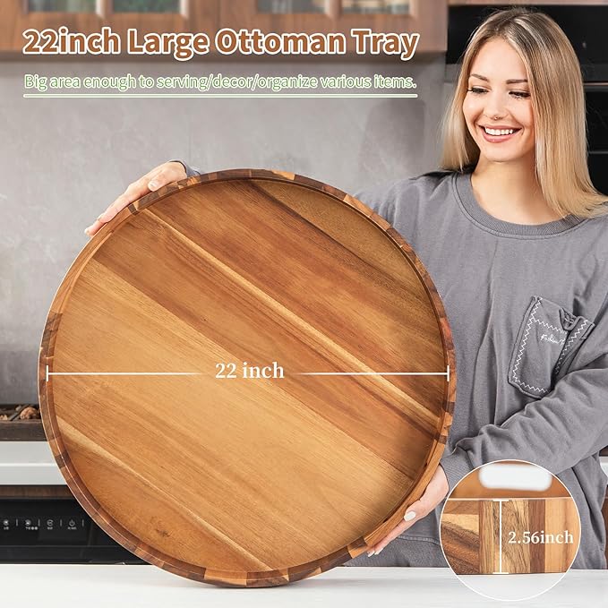 Large Ottoman Tray, 22" Big Ottoman Tray for Living Room, Large Serving Tray with Handles for Coffee Table Kitchen Counter,Great Round Wooden Trays with 4 Round Coasters for Appetizers, Dinner-Ruum Studio Home
