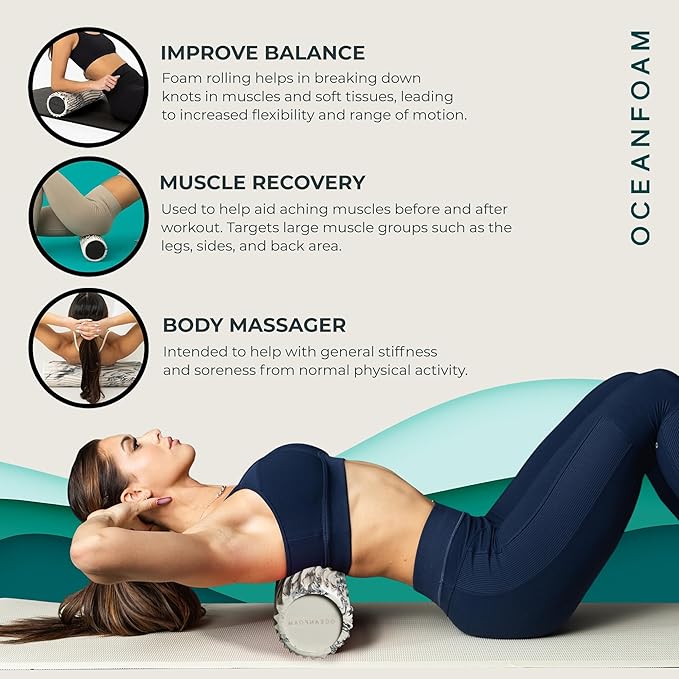 Oceanfoam Tidal Roller - Black Marbled - Muscle Massage Foam Roller for Back Pain & Stretching - Firm and Ergonomic Wide Wave Textured - Yoga, Athletics, & Wellness - Full Size, 20" x 5"-Ruum Studio Home