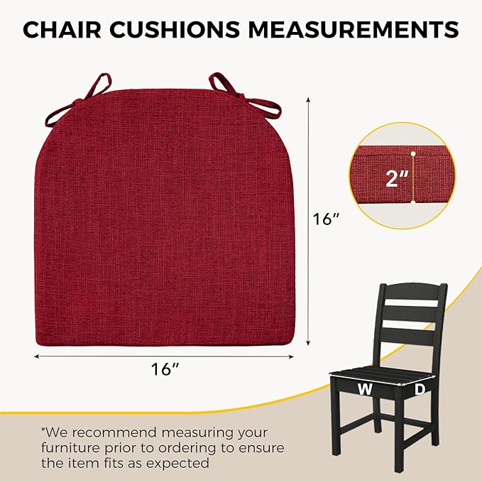 downluxe Indoor Chair Cushions for Dining Chairs, Soft and Comfortable Textured Foam Kitchen Chair Pads with Ties and Non-Slip Backing, 16" x 16" x 2", Red, 6 Pack-Ruum Studio Home