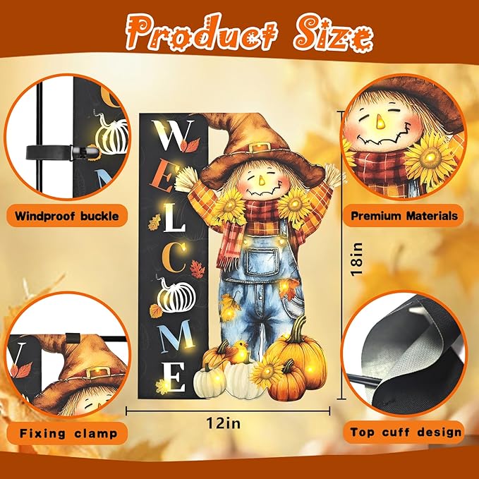 Thanksgiving Lighted Garden Flag, Solar Fall Outdoor Decor Yard Flag,8 Modes Led Scarecrow Flag,28x40 Double Sided Maple Leaf Pumpkin Bird Decorations for Home Porch-Ruum Studio Home