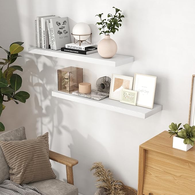 40 Inch Floating Shelves White, 40" W x 9" D Floating Shelf Set of 2, Farmhouse Wood Wall Shelves for Bedroom, Kitchen, Wall Mounted Deep Shelving for Home Decor-Ruum Studio Home