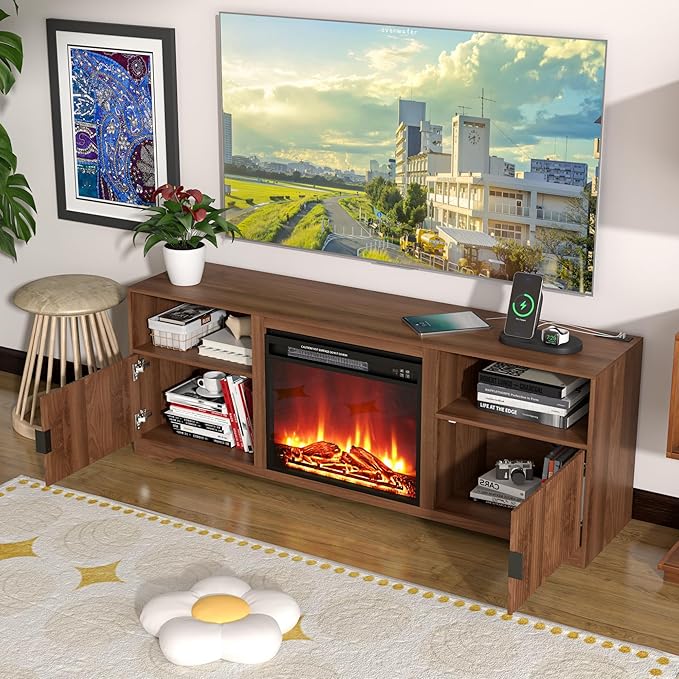 Fireplace TV Stand for Television up to 80 Inch,Entertainment Center with Adjustable Shelf,Mid-Century Modern Fluted TV Stand with 23" Electric Fireplace,Media Console for Living Room,Bedroom-Ruum Studio Home