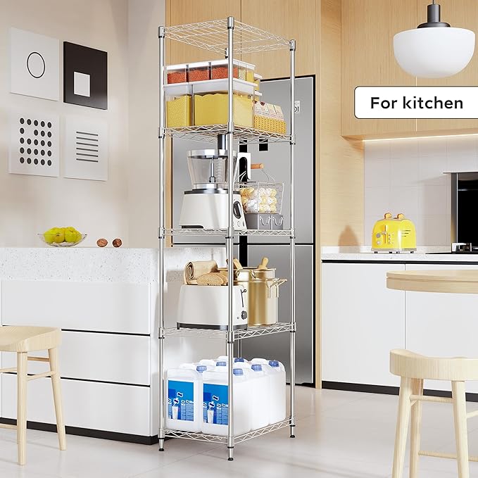 5 Tiers Shelf Metal Storage Shelves Wire Rack Closet Organizers with Wheel for Garage Kitchen Bathroom Laundry Chrome 11.8" D x 17.7" W x 55" H-Ruum Studio Home