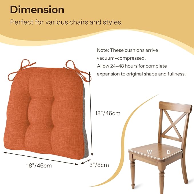 Non Slip Chair Cushions for Dining Chairs Set of 4 Kitchen Chair Cushions 18"x18"x3" Turfted Chair Pads Comfortable and Soft Seat Cushion with Ties, Orange-Ruum Studio Home
