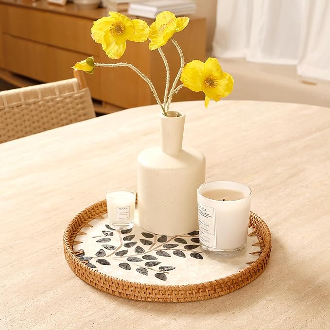 Round Rattan Tray with Mother of Pearl Inlay & Wooden Base - Decorative Wicker Serving Tray for Coffee/Bread/Fruits, Food Storage & Display - Multipurpose Home Decor (L,Little Tree)-Ruum Studio Home