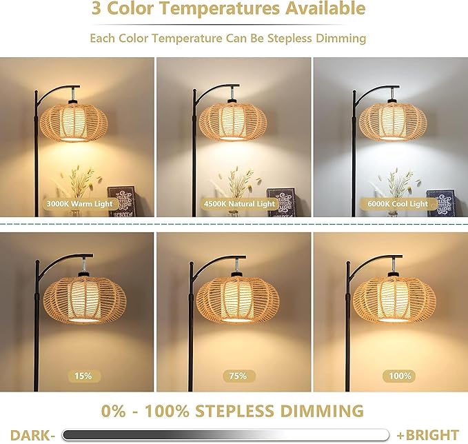 Arc Floor Lamps for Living Room Bedroom Rattan Boho Floor Lamp with Remote Control,Dimmable Led Standing Lamp Wicker Lamp Shade Rustic Tall Floor Lamp Modern Flower Lamp for Bedroom Corner-Ruum Studio Home
