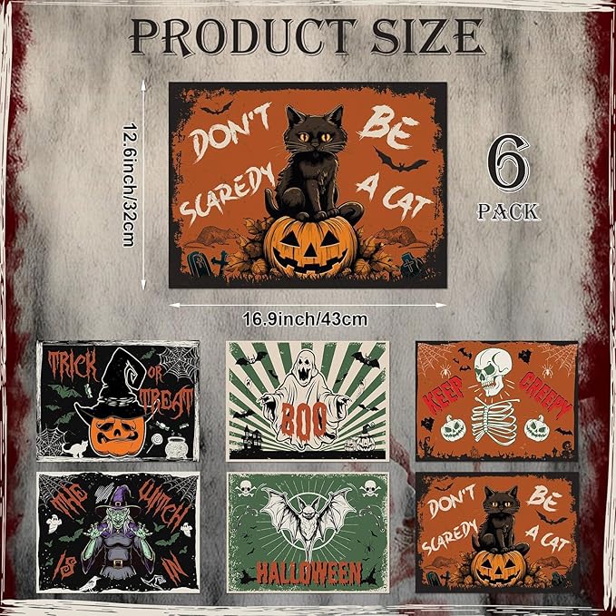 Halloween Placemats Set of 6 Vintage Plastic Table Mats Black Cat Place Mats Washable Ghost Witch Bat Rectangle Skull Table Decoration for Indoor Outdoor Party Kitchen Dining-Ruum Studio Home