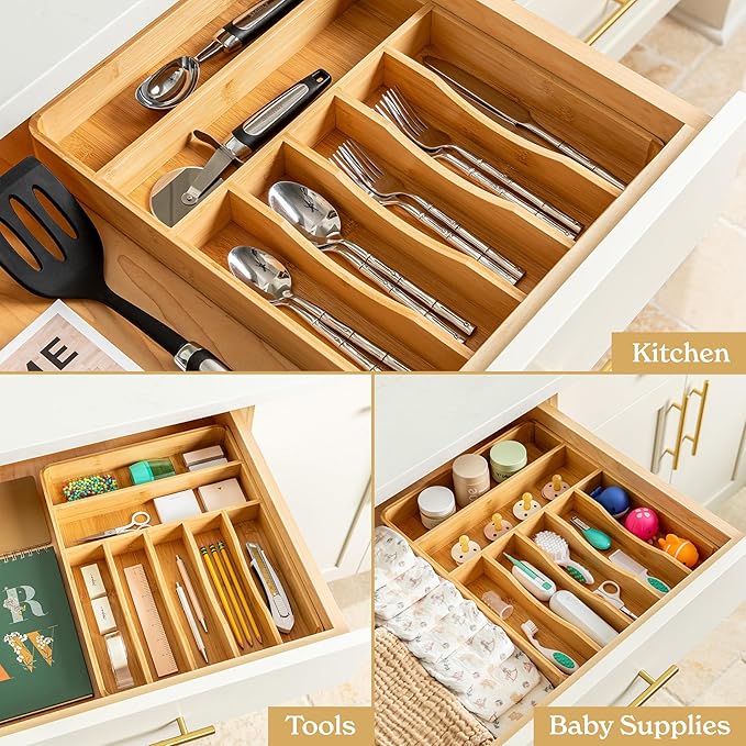 SMIRLY Silverware Drawer Organizer – Bamboo Kitchen Drawer Organizer, Adjustable Utensil Holder and Cutlery Tray, Drawer Dividers for Flatware and Kitchen Utensils-Ruum Studio Home