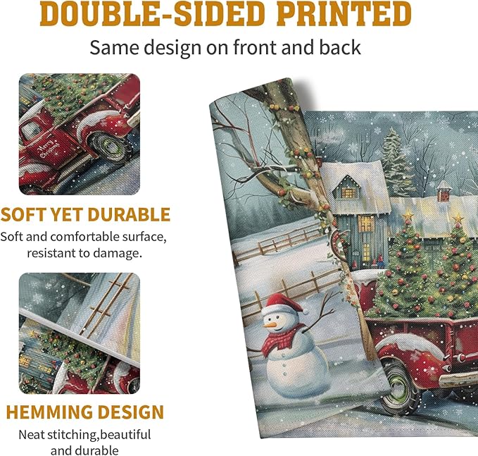 Red Truck Xmas Tree Snowman Christmas Placemats Set of 4 Winter Snowflake Vintage Farmhouse Rustic Place Mats 12x18 Inch Seasonal Christmas Holiday Washable Table Mats for Party Kitchen Dining Decor-Ruum Studio Home