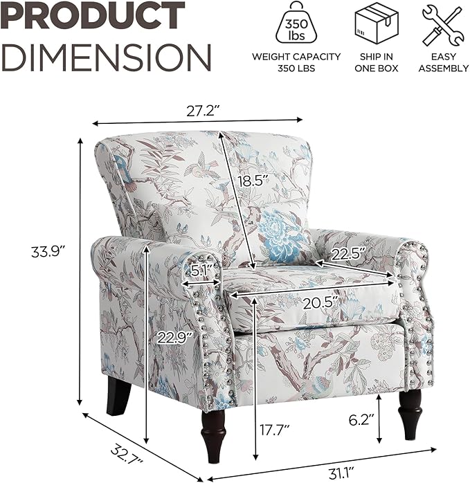 Wingback Accent Chair with Removable Pillow, High Back Floral Armchair with Solid Wood Legs & Nailhead Trim, Comfy Upholstered Reading Single Sofa Chair for Bedroom (1, Bird Floral Pattern)-Ruum Studio Home