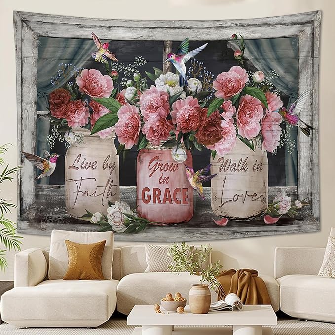 yowecso Farmhouse Rose Tapestry Peony Flower Tapestry Wall Hanging for Bedroom Floral Tapestries Aesthetic Wall Decor for Home Dorm Living Room 50"x60"-Ruum Studio Home