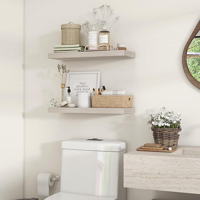 Heimlove 24 inch Floating Shelves for Wall,9.3 inch deep Grey Bathroom Over Toilet Shelf,Wall Mounted Rustic Wood Shelves for Bedroom,Living Room,Kitchen,Office Decor Set of 2-Grey-Ruum Studio Home