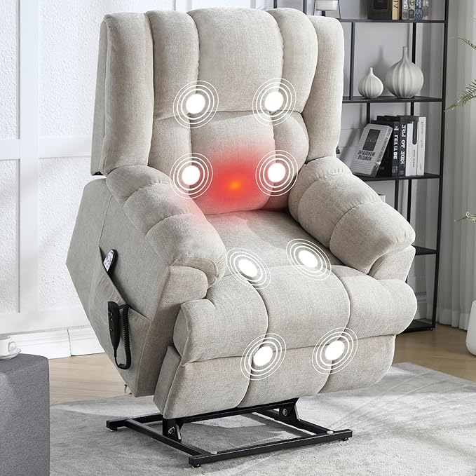 Power Lift Recliner Chair with Massage and Heat for Elderly People, Dual Motor Electric Lift Chair with Power-Remote, Medium-Firm and Heavy Duty, Chenille Fabric - Beige-Ruum Studio Home