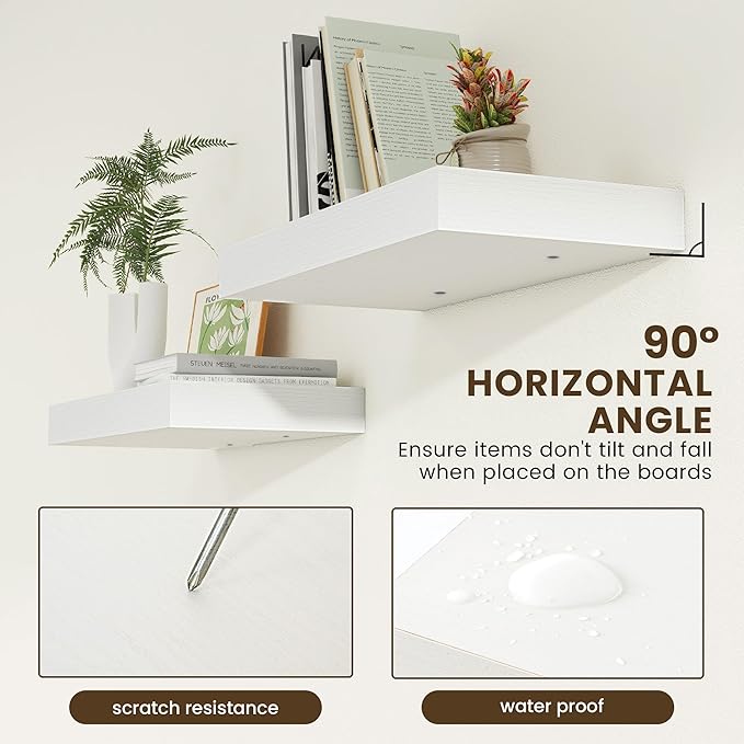 Deep Floating Shelves, 24''W x 12''D Floating Shelves White Set of 2, 12 Inch Deep Large Wood Shelves for Books Living Room Bathroom Laundry Room Bedroom Kitchen Home Office - White-Ruum Studio Home