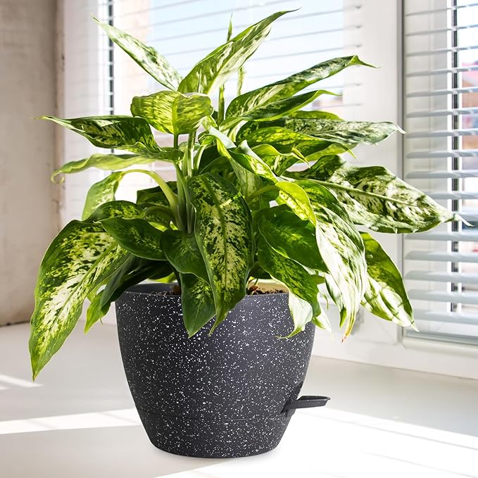 12/10/9 inch Large Self Watering Pots, Planter, Plant Pots with Mesh Drainage Holes for Indoor Outdoor Garden Plants, Plastic Flower Pots with Removable Deep Reservoir, Speckled Black-Ruum Studio Home